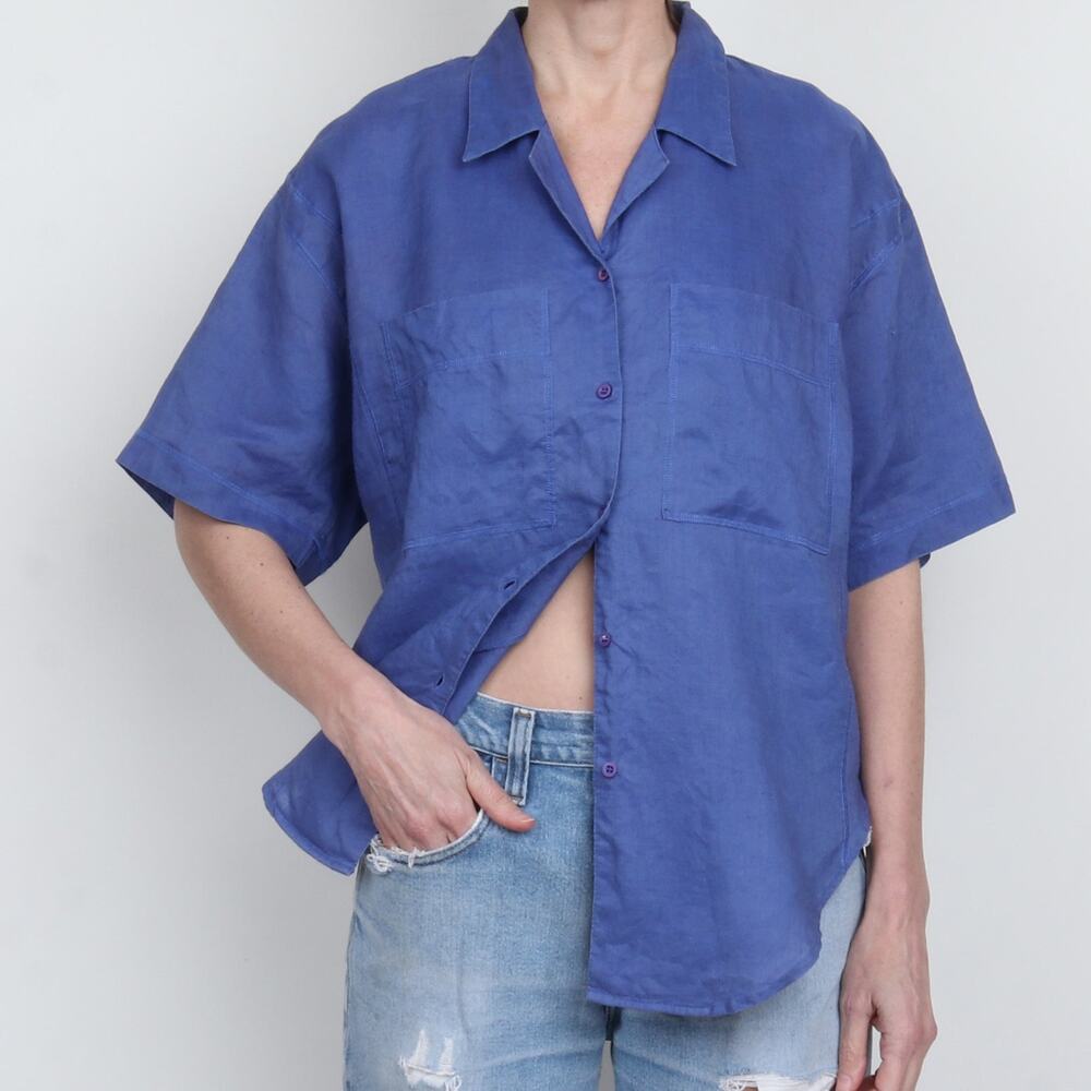 Vintage 80s 100% Linen Short Sleeve Button Down Shirt L